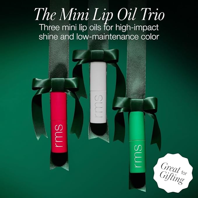 RMS Beauty Legendary Lip Oil Mini Trio – 3-Piece Holiday Set with Exclusive pH-Reactive Shade – 8-Hour Hydration & Barrier Repair – Non-Sticky High-Shine Gloss with Jojoba Oil – 3 Minis