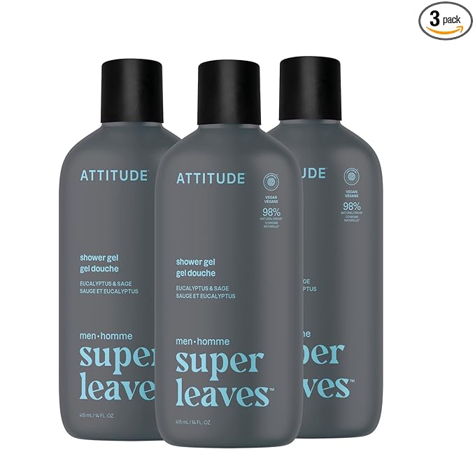 ATTITUDE Shower Gel Body Wash for Men, 98% Natural Origin Ingredients, Paraben & Phthalate Free, EWG Verified, Cleanses Without Drying, Eucalyptus & Sage, 14 Fl Oz (Pack of 3)