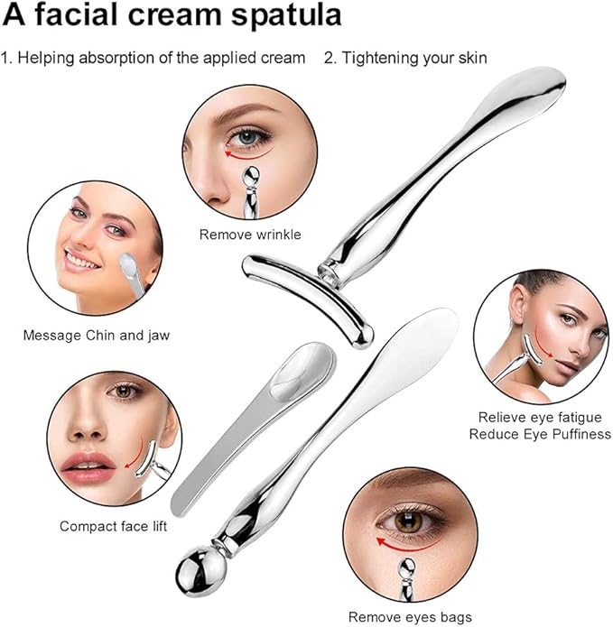 Pimoys 3 Pcs Metal Eye Cream Applicator Tool, Eye Roller Massage Sticks and Makeup Cream Spoon, Facial Massager for Reducing Puffiness Wrinkle Dark Circles