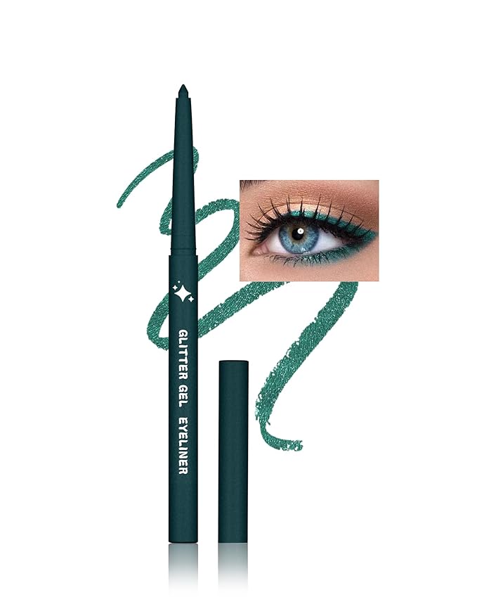 Glitter Gel Eyeliner Pencil, Retractable Cream Eye Liner Pencils, Waterline Eye Makeup Liners, Waterproof & Smudge Proof Glitter Teal Eyeliner Facial Beauty Makeup for Mature Women, Girls -G05 Teal