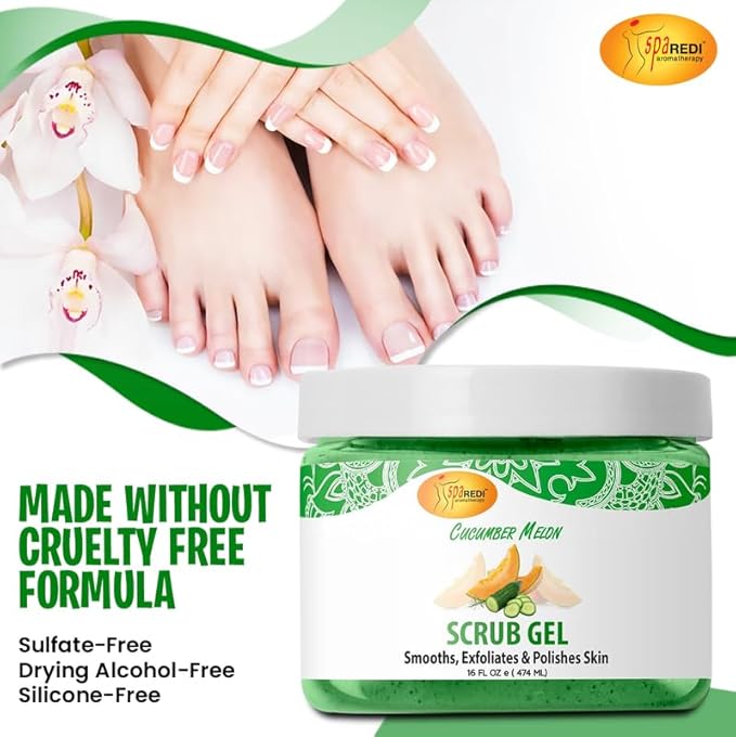 SPA REDI – Exfoliating Scrub Pumice Gel, Cucumber Melon, 16 oz - Manicure, Pedicure and Body Exfoliator Infused with Hyaluronic Acid, Amino Acids, Panthenol and Comfrey Extract