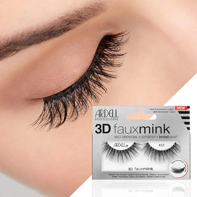Ardell 3D False Eyelashes Faux Mink Lashes 853 - Fluffy Volume Strip Wispy Lashes Natural with Invisiband 4 Pairs