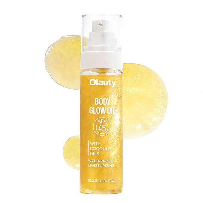 Sunscreen Body Glow Oil,Broad Spectrum SPF 45,Glitter Shimmer Body Oil with Gold Mica,Moisturizing Coconut Oils,Waterproof Non Sticky Sun-kissed Skin Moisturizer Beach Travel Essentials (#01 Gold)
