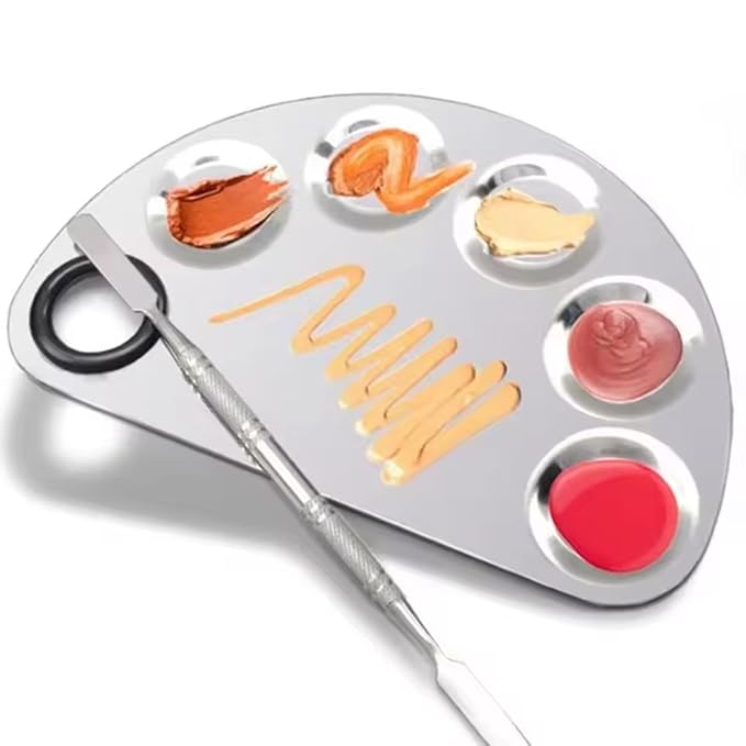1Set of 5-Dents Half Moon Stainless Steel Cosmetic Palette with Spatula,Nail Makeup Mixing Color Plate Artist Painting Tools (Semi-Circle Five concave Color Palette)