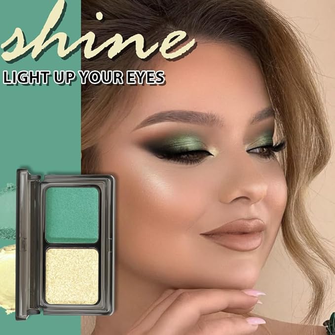 CAKAILA Golden Green Two Color Matte Shimmer Glitter Eyeshadow Palette,Eye Shadow Powder Professional Long-Lasting Waterproof Makeup Palette,Easy-To-Apply and Compact for Travel,Vegan & Cruelty-Free