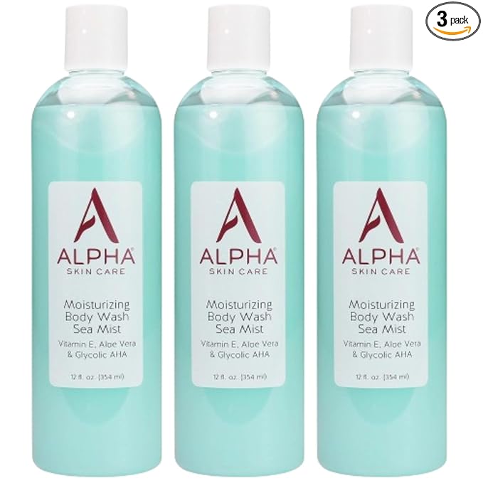 Alpha Skin Care Moisturizing Body Wash, Gentle Soap-Free Anti-Aging Formula, Glycolic AHA, Vitamin E & Aloe Vera, Conditions & Soothes, All Skin Types Hydroxy Acid, 12 Oz, Pack of 3