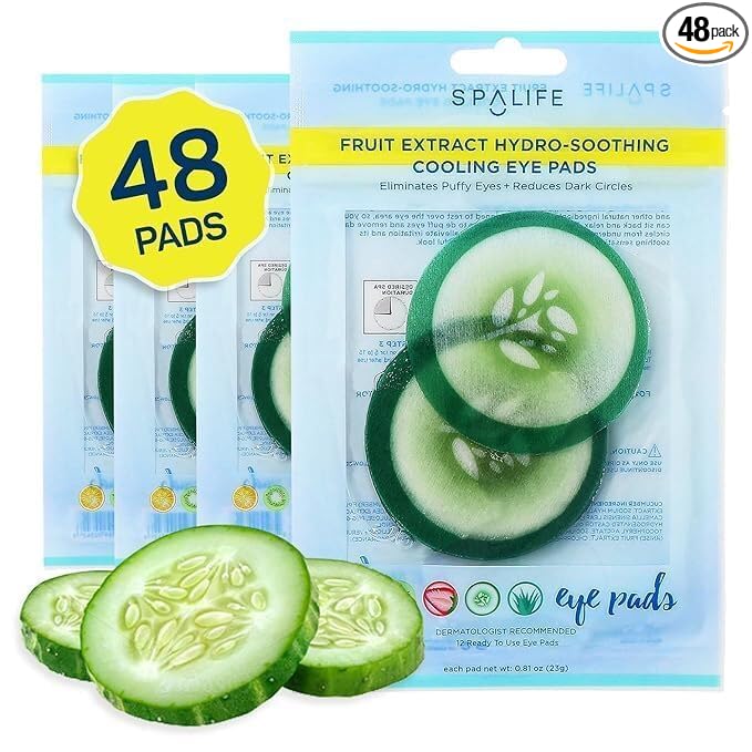 SpaLife Cooling Cucumber Eye Pads | Spa Gifts & Korean Dark Circles & Puffy Eyes Treatment | Nourishing Cucumber Eye Pads | Eye Mask for Puffy Eyes Daily Depuffing Eye Patches | 4 Packs of 12