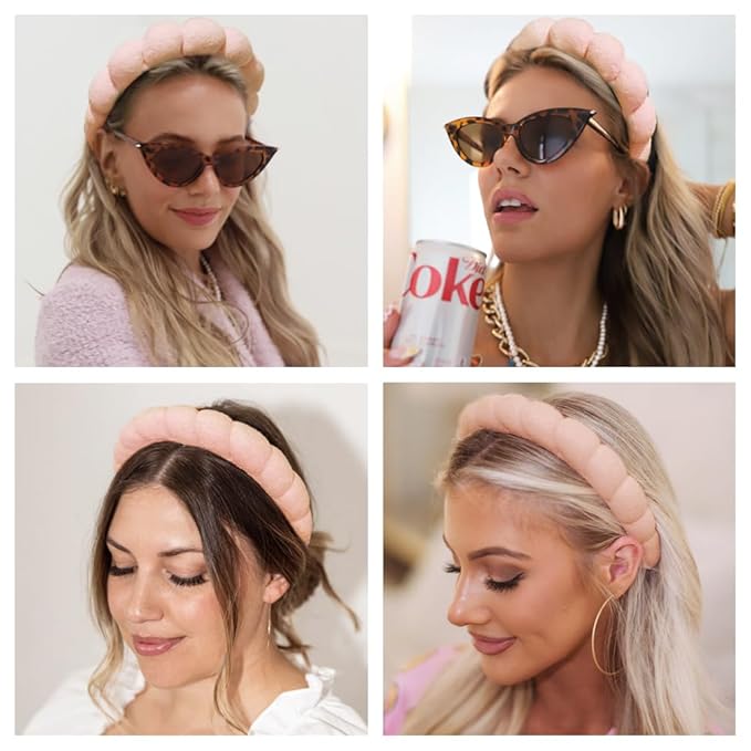 AOENJIE Spa Headbands for Washing Face or Makeup, Sponge Bubble Skincare Headbands, Puffy Terry Cloth Hairband for Women, Skin Care Makeup Headwear Hair Accessories for Girls(Khaki)