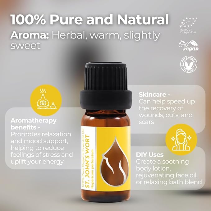 Essences Bulgaria Organic St. John's Wort Essential Oil 1/3 Fl Oz | 10ml | Hypericum perforatum | 100% Pure and Natural | Undiluted | Therapeutic Grade | Family Owned Farm | Steam-Distilled | Non-GMO