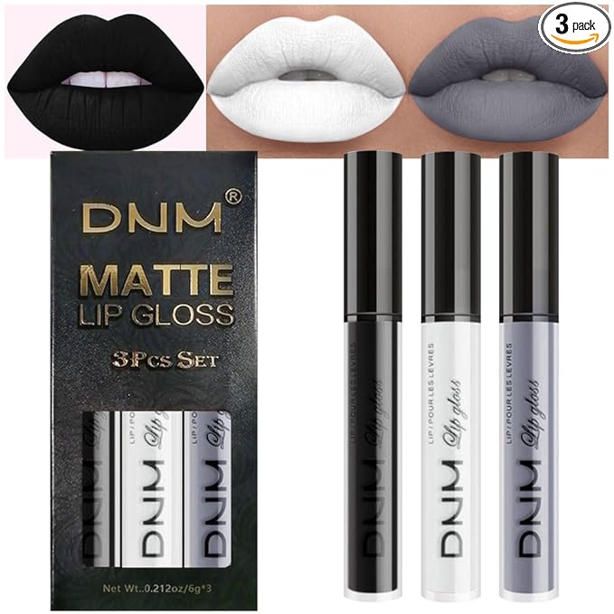 evpct 3Pcs Dark Black Grey Gray White Matte Liquid Lipstick Lip Stain Sets for Women Matte+Lipstick Long Lasting Permanent 24 hr Hours Magic Lipstick 24 Hours original Waterproof 16#