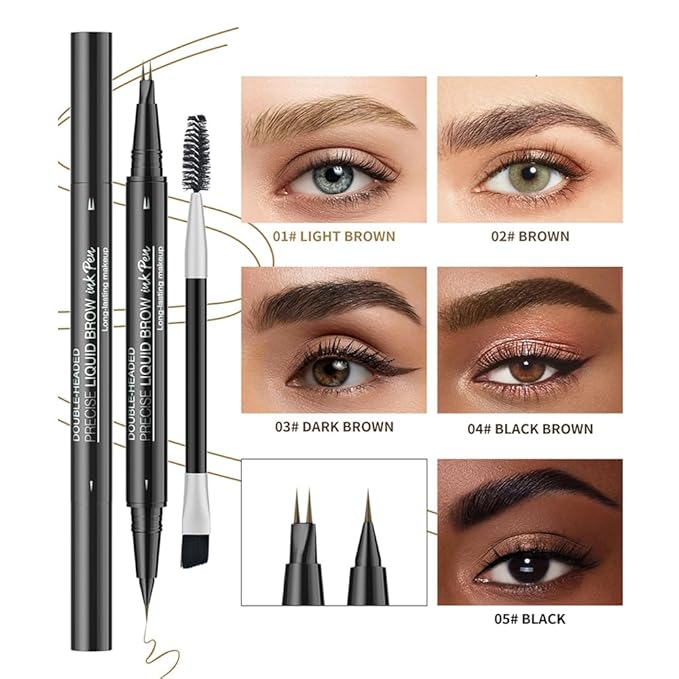 5 Shades Eyebrow Pen, Duo Brow Microfilling Fork-Tips & Precise Tip, Natural Eyebrow Makeup Set with Spoolie Brush (#3 Dark Brown)