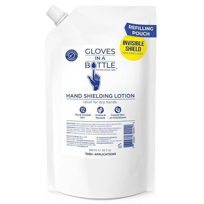Gloves In A Bottle 32 oz Refill Pouch – Bulk Hand & Body Moisturizer for Dry, Cracked, Itchy, Irritated Skin – Unscented Shielding Lotion, Deep Hydration, Non-Greasy, Travel & Workplace Refill Size