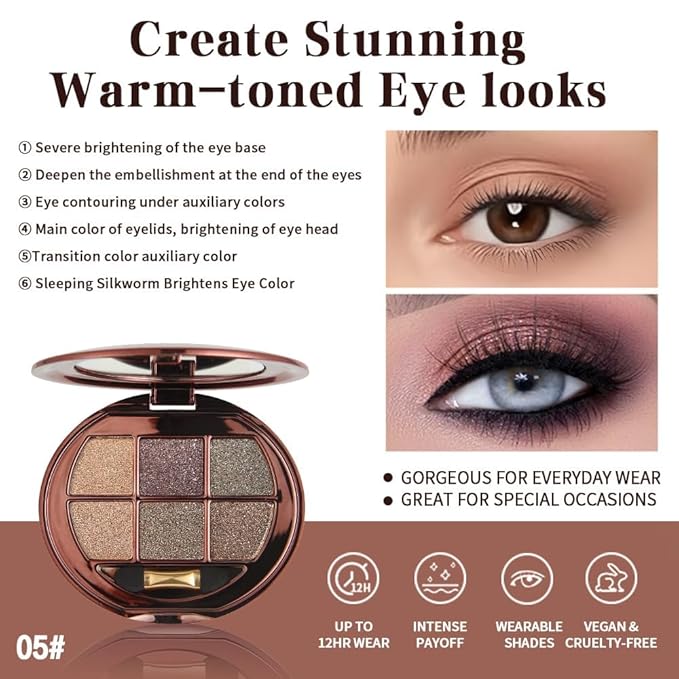 Shimmer Eyeshadow Palette, Warm Neutral Eye Shadow, Gold Bronze Brown Glitter Eyeshadow, Metallic Sparkle Makeup, Smooth Blendable Long Lasting Eyeshadow Palette for Everyday Glam Smokey Look 05