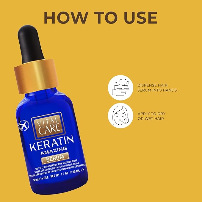 Vital Care Keratin Amazing No-Frizz Serum with Glass Bottle & Dropper - Keratin Complex Hair Treatment is Non-Stripping for Daily Use, Hydrating & Repairing - Abyssinian, Avocado & Sunflower Seed Oil