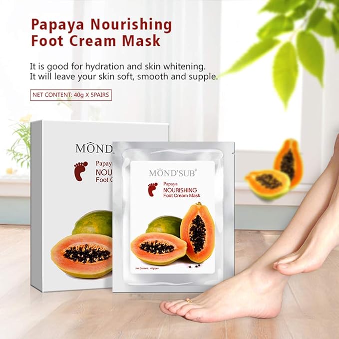 MOND’SUB Papaya Nourishing Foot Cream Mask Leave Skin Soft Smooth and Supple Dissolves Inactive Protein and Dead Skin Cells Spa Mask Moisture Enhancing Socks for Dry Feet(1box=5pcs)