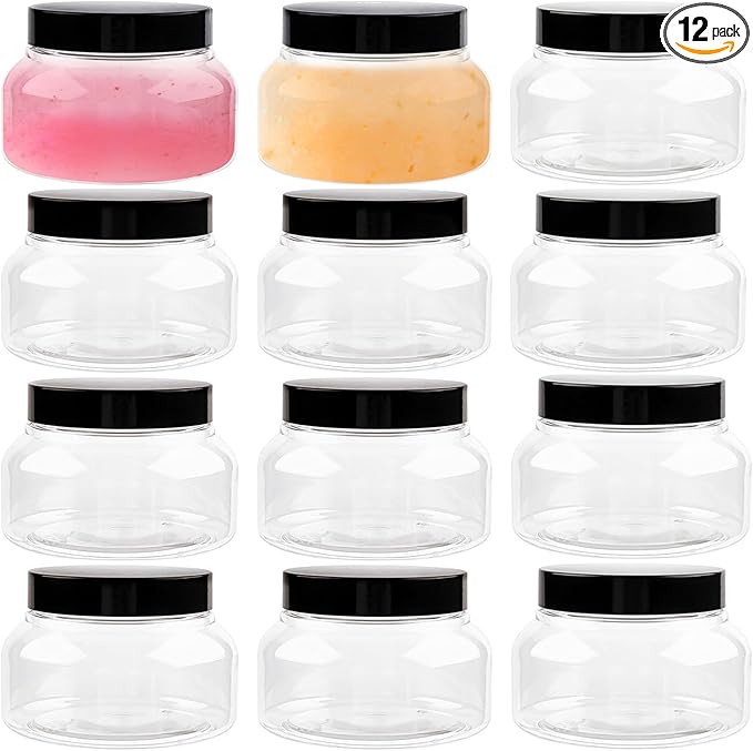 TUZAZO 8 Oz Premium Plastic Tuscany Jars with Lids BPA Free, 12 Pack Empty Sugar Scrub Containers, Round Clear Cosmetic Containers for Body Butter, Lotion, Cream, Gel, Beauty Product