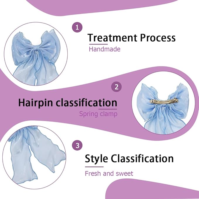 Bright Colors Hair Ribbon-Organza Bow With Long Tail Ribbon ，Soft Chiffon Hair Bows for Women and small Girls，Elegant and fashionable Large Bow Metal Spring Clip bow hair clip Large -Blue