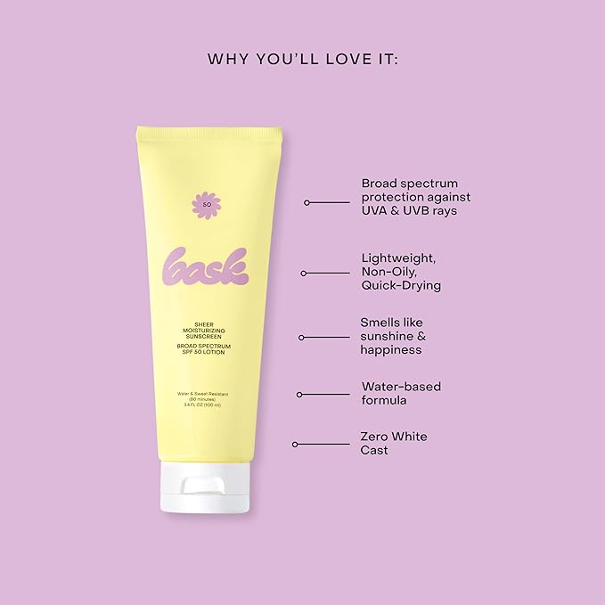 Bask SPF 50 Sheer Moisturizing Sunscreen Lotion - Broad Spectrum UVA/UVB Protection, Dermatologist Recommended, Hydrating, Lightweight & Non-Greasy, No White Cast, Travel Size, 3.4 fl oz