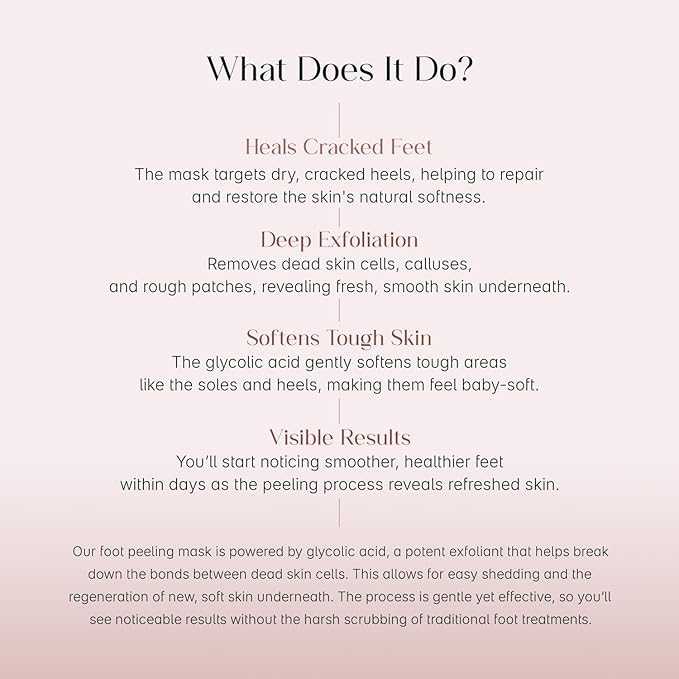 Seoul'Skin Glycoli'c Acid Foot Peel Mask (150,000 PPM) deeply exfoliates, removes dead skin, softens, and hydrates. Vegan, cruelty-free, paraben-free-ideal for all skin types.
