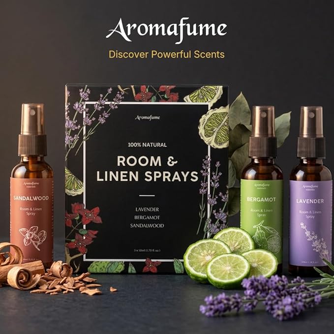 Lavender, Bergamot & Sandalwood Room & Linen Mist Gift Set by Aromafume | 3x50ml Natural Air Freshener Spray for Home, Fabric, Bedding & Pillows | Aromatherapy Fragrance, Relaxing & Calming Scent