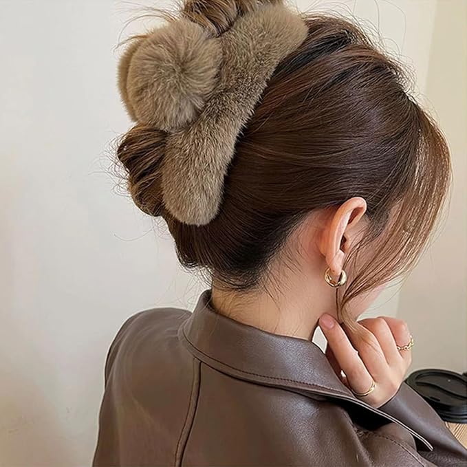 YOYLMAL Large Faux Fur Hair Claw Clip for Women, 5.1 Inches Winter Fluffy Fuzzy Hair Clips, Nonslip Strong Hold Furry Big Jaw Clamp for Thick Long Hair (Coffee)