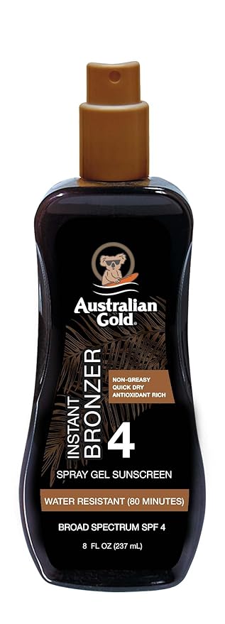 Australian Gold Spray Gel Sunscreen with Instant Bronzer SPF - 4, 8 Ounce | Moisturize & Hydrate Skin | Broad Spectrum | Water Resistant | Non-Greasy | Oxybenzone Free | Cruelty Free