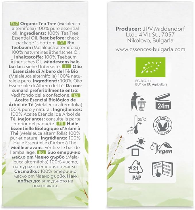 Essences Bulgaria Organic Tea Tree Essential Oil 0.51Fl Oz 15ml Melaleuca Alternifolia - 100% Pure and Natural Undiluted for Toenail Fungus, Dandruff Itchy Scalp Acne Skincare Aromatherapy Diffuser