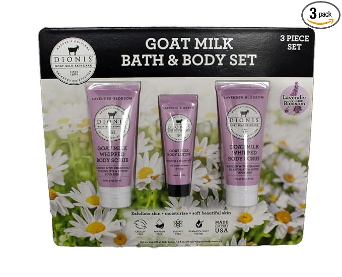 Dionis Goat Milk Bath & Body Set, 3 Piece Set - 1 oz. Body Lotion / 2 fl oz. Whipped Body Scrub x2, Cruelty & Paraben Free, Dermatologist Tested (Lavender Scent)