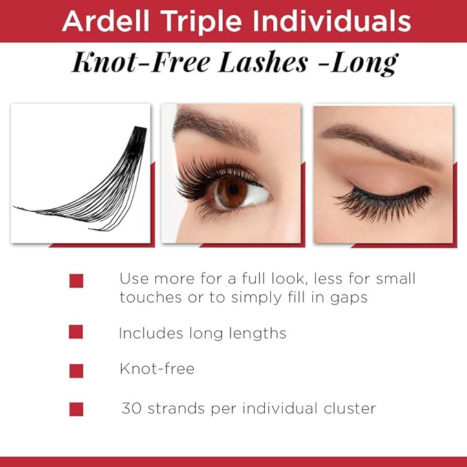 Ardell Triple Individual Lashes - Long Black, Knot-Free Eyelash Extensions, Volumizing DIY Lash Clusters for Fuller Lash Enhancement, 4 Pack