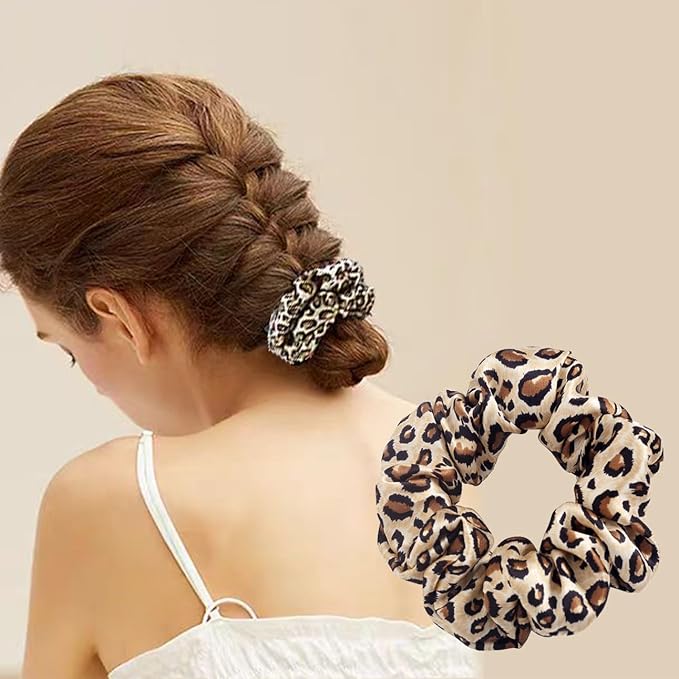 SALE 100% Pure Mulberry Silk Hair Scrunchies16 Momme silk scrunchies 100% SilkHair Scrunchies Silk Hair Ties for Women Girls Curly Thick Thin Hair Women's Black Satin Sleep (1, 14 leopard print)