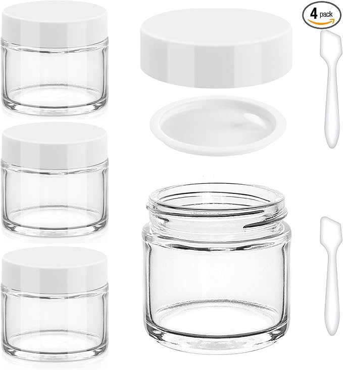 Accmor 2 OZ Glass Jars with White Lids, 4 Pack Round Glass Cosmetic Jars Sample Container with Inner Liners & Spatulas, Leak Proof Travel Toiletries Containers for Creams, Makeup, Lotion, Spice