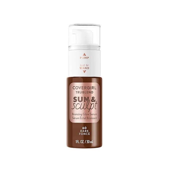 COVERGIRL TruBlend Sun & Sculpt Bronzing Glow Serum, Buildable, Radiant Glow, Wand and Pump Applicator - 60 Dark