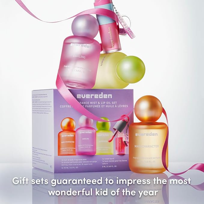 Evereden Kids Fragrance Gift Set – 3 Hair & Body Mists + Tinted Lip Oil | Clean, Vegan, Non-Toxic Scents for Girls & Teens | Fun Self-Care Gift Box with Aesthetic Collectible Bottles