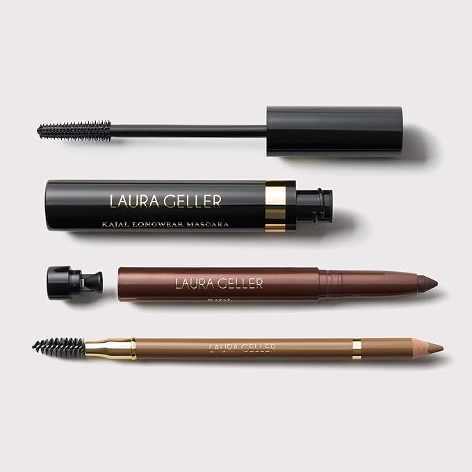 LAURA GELLER Laura’s 3 E’s Eyeliner, Eyelash & Eyebrow Kit for Mature Skin | Medium Brown | Kajal Longwear Eyeliner, Kajal Longwear Mascara & Bravo Brows Soft Pencil + Brush