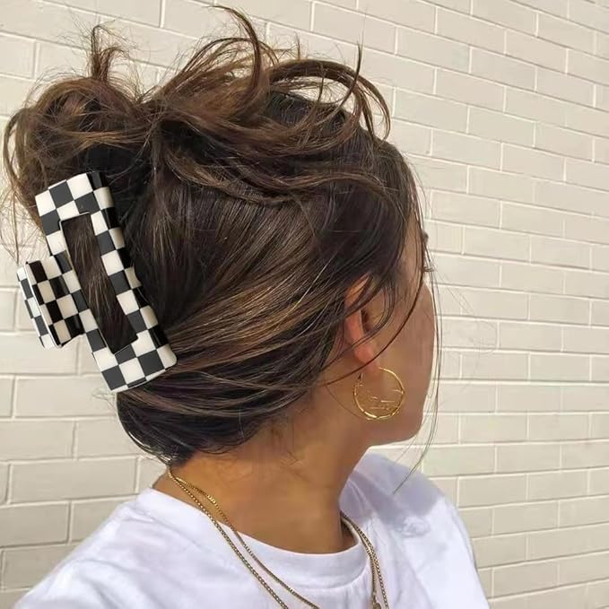 Atoden Checkered Hair Clips for Thick Thin Hair 4Pcs Large Medium Small Square Claw Clips Non Slip Strong Hold Jaw Clips Y2K Hair Accessories for Women Girls Black White