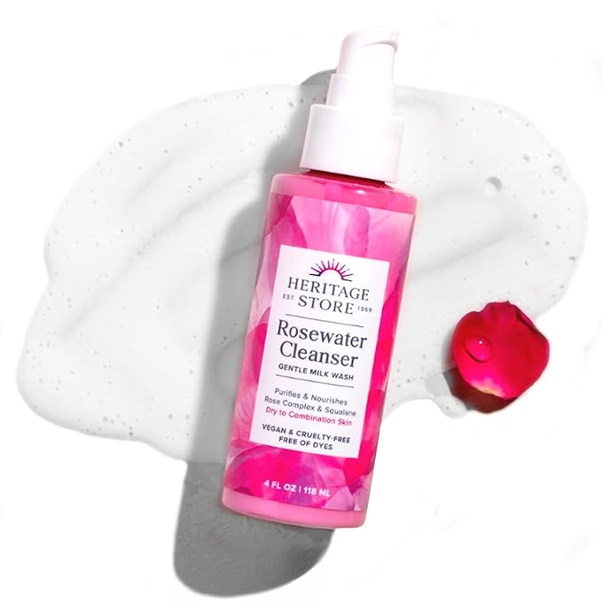 HERITAGE STORE Rosewater Facial Cleanser - Milk Face Wash Purifies and Nourishes w/Squalane, Rose Complex, Dry Skin to Combination Skin Care, Hypoallergenic, pH Balanced, Vegan, 60-Day Guarantee, 4oz