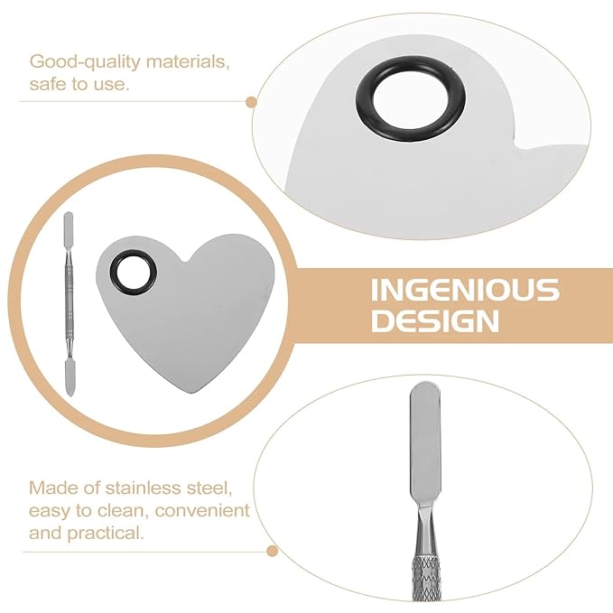 1Set of Heart Shaped Nail Plate Stainless Steel Cosmetic Face Makeup Palette with Spatula for Beauty Foundation DIY Mixing Tool Nail Salon Home Use (Heart shaped color palette)