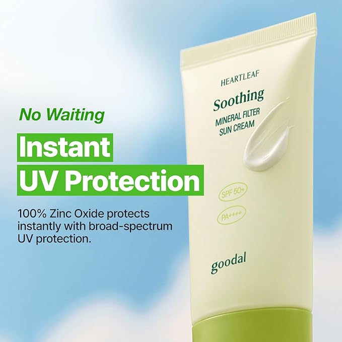 GOODAL Heartleaf Soothing Zinc 100 Mineral Sunscreen SPF 50, Zinc Oxide Korean Face Sunscreen for Sensitive & Acne-Prone Skin, No White Cast, Reef-Friendly, Vegan, Korean Skincare, 1.69 Fl Oz