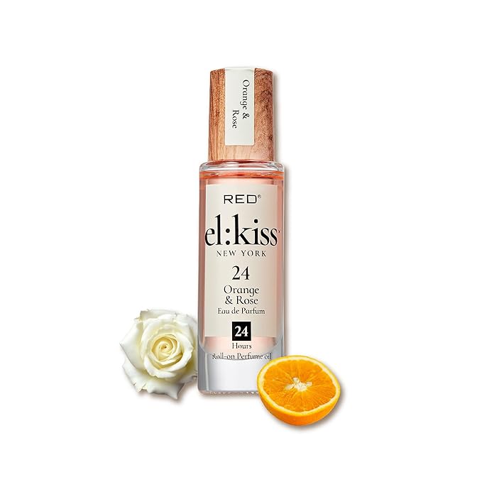 EL:KISS Roll On Perfume, Orange & Rose Inspired by Coco Mademoiselle Eau de Parfum 12mL (.40 Fl Oz), Hydrating & Long-Lasting, Alcohol-Free & Mineral Oil-Free, With Jojoba, Argan & Coconut Oil