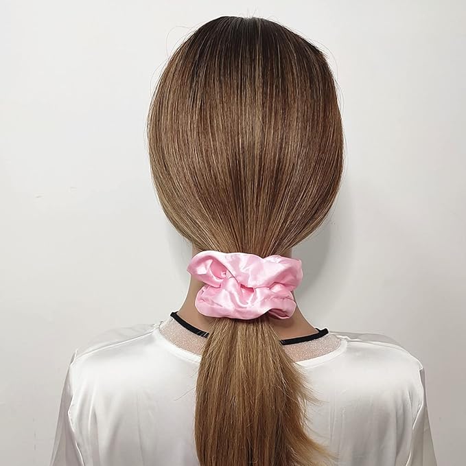 6 Pcs Satin Hair Scrunchies and Ties - Soft Ponytail Holders, Fashion Hair Bands, Bows, Ropes, and Elastics for Women and Girls (4.3 inch, Pink)