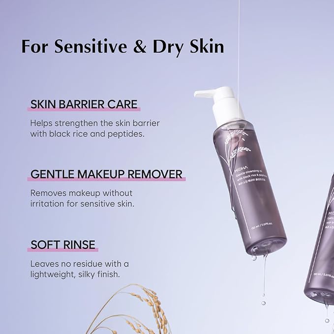 MIDHA Gentle Cleansing Oil with black rice & peptides,5.07fl.oz/150ml,Deep cleansing, Skin barrier support, Nourishing cleansing oil, Gentle Daily Cleanser, Moisture-locking cleanser