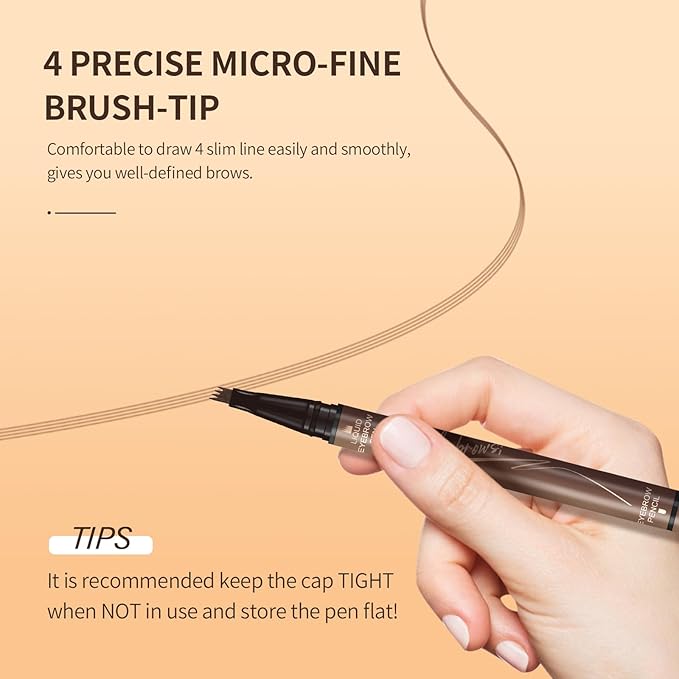Music Flower Dual-Ended Microfilling Eyebrow Pen, Liquid Eyebrow Pen with 4 Micro Brush-Tip Applicators & Brow Defining Pencil with Precision Tip (Brown)