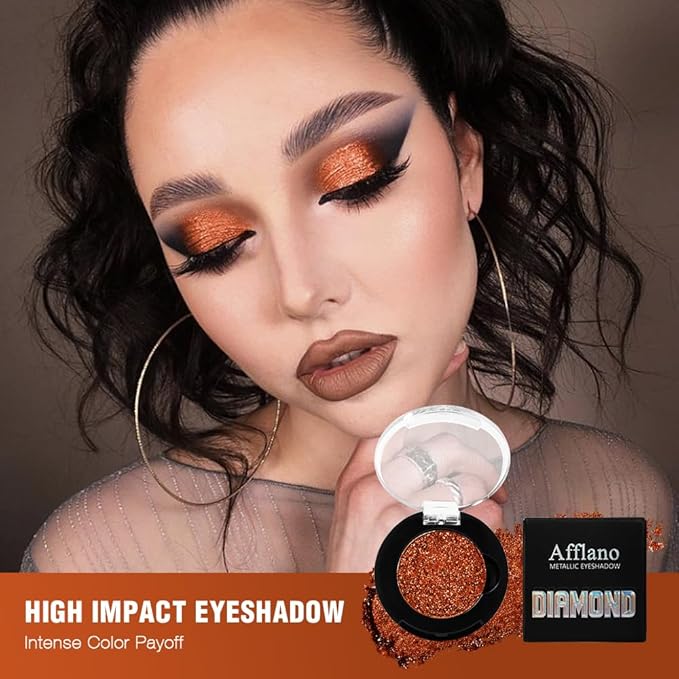 Afflano Metallic Orange Red Eyeshadow, Warm Glitter Eyeshadow Palette One-Swipe Coverage, Intense Color Sparkle Red Brick Eye shadow, Long Lasting Fall Eye Shadow for Women Halloween Pumpkin Makeup