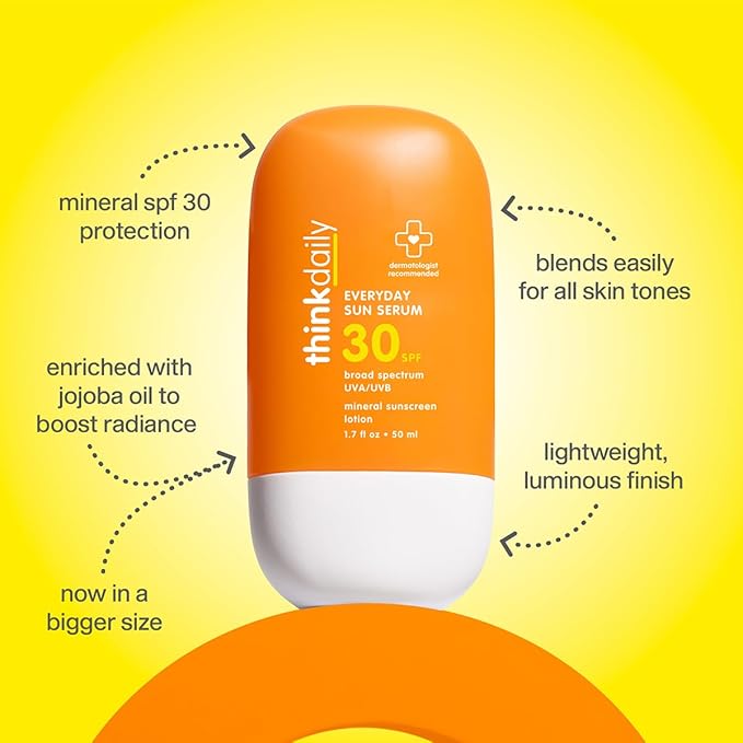 Thinkdaily SPF 30 Face Sunscreen Serum 1.7 oz, Mineral Sunscreen with Non-Nano Zinc Oxide 22%, UVA/UVB Protection, 80-Minute Water & Sweat Resistant, Lightweight Luminous Finish, Reef Friendly