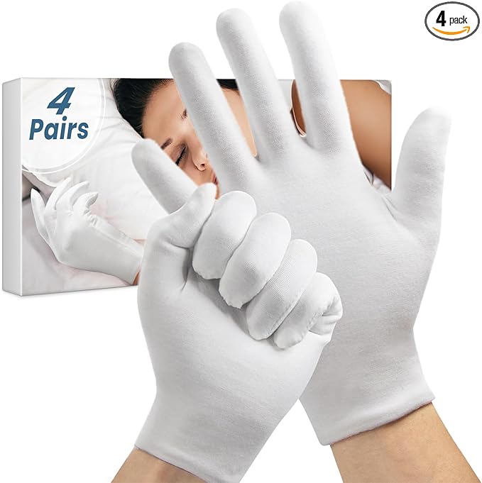 4 Pairs White Gloves, Breathable Cotton Gloves for Dry Hands Sleeping, Washable Eczema Moisturizing Glove Overnight for Women Men, Christmas Wedding Costume Work Glove for Serving Inspection
