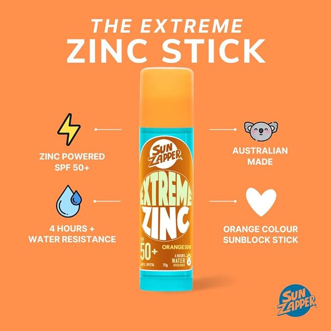 Sun Zapper Extreme Zinc Sunscreen Stick SPF 50+ Orange Sun – Colored Water Resistant Mineral Sunscreen for Face, Zinc Oxide Surf Sunscreen Stick for Water Sports, 15g (0.53 oz), Australian Made