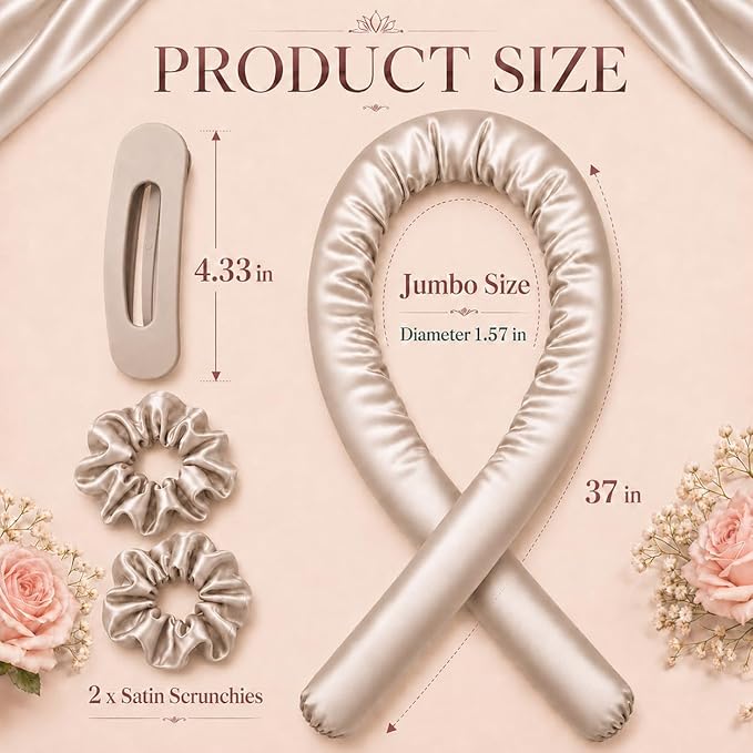 EnteromMuse Jumbo Heatless Curls Overnight Heatless Hair Curler – Oversized Heatless Curling Rod, No Heat Damage Hair Curler for Voluminous Curls, Rollers & Curls Set with Satin Fabric(Beige, Jumbo)