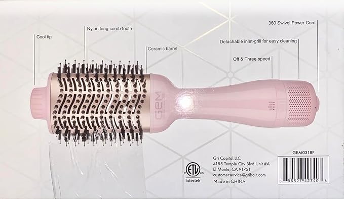 GEM Hot Air Styling Brush for Dry - Style - Volume for Dry Style Blow Dryer Brush, Baby Pink