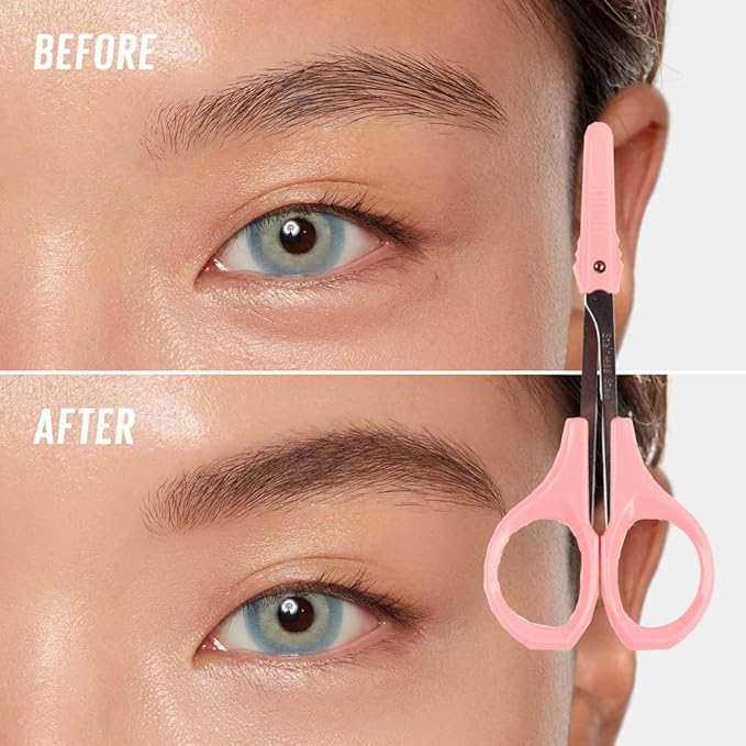 4" Curved Craft Scissors Stainless Steel Unisex Eyebrow Kit Eyebrow Scissors, Slant Tweezers And Eyebrow Brush for Eyebrow Eyelash Extensions Pink Set