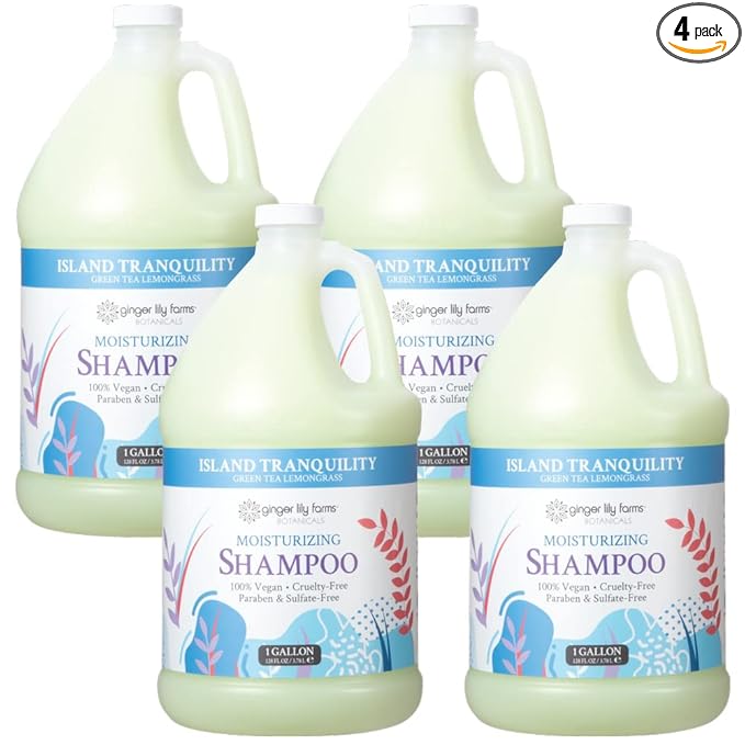 Ginger Lily Farms Botanicals Moisturizing Shampoo for All Hair Types, Island Tranquility, 100% Vegan & Cruelty-Free, Green Tea Lemongrass Scent, 1 Gallon (128 fl oz) Refill (Pack of 4)